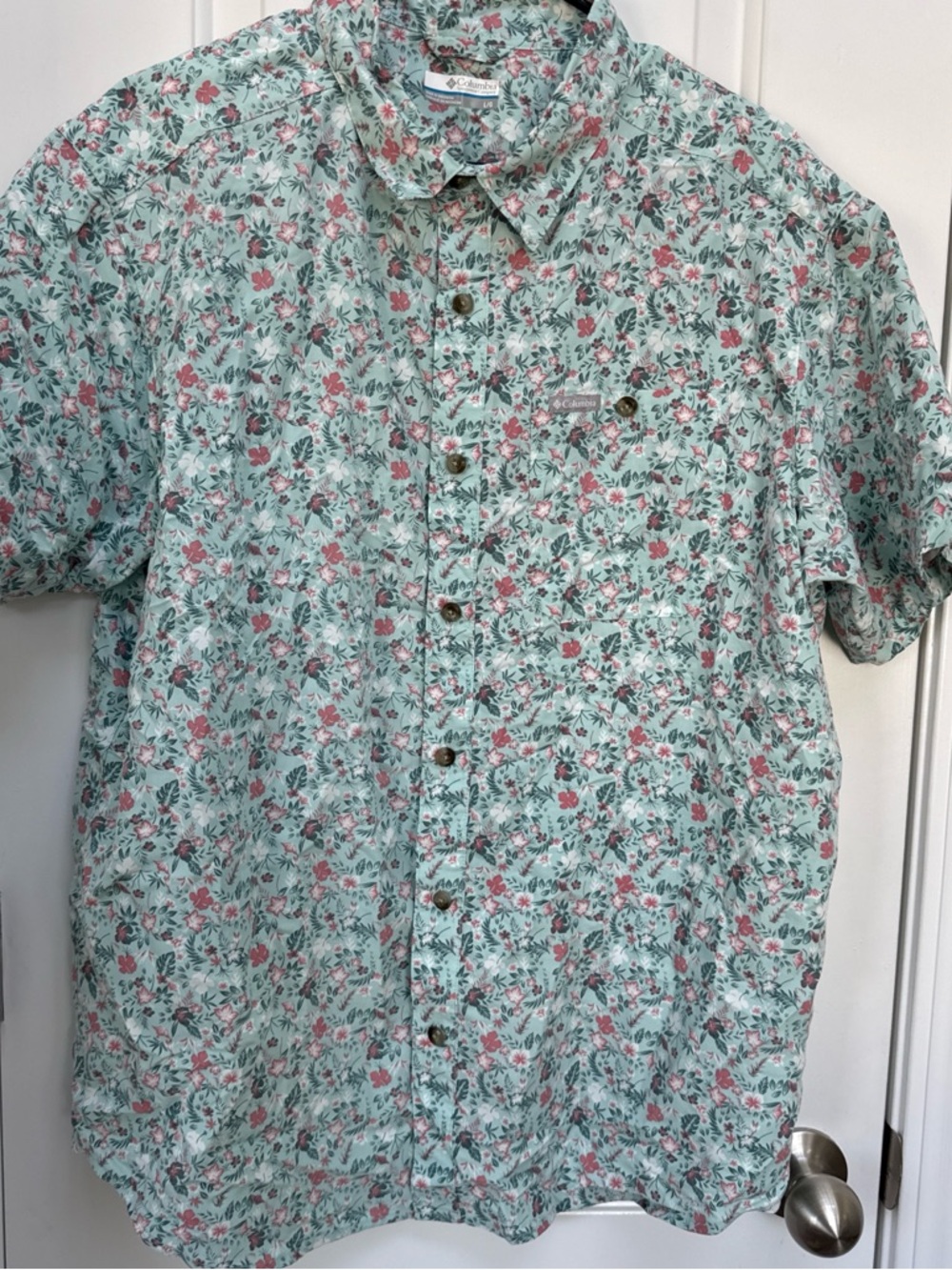 Columbia Men’s Short-Sleeve Floral Button-Up Shirt - Mint Green/Pink